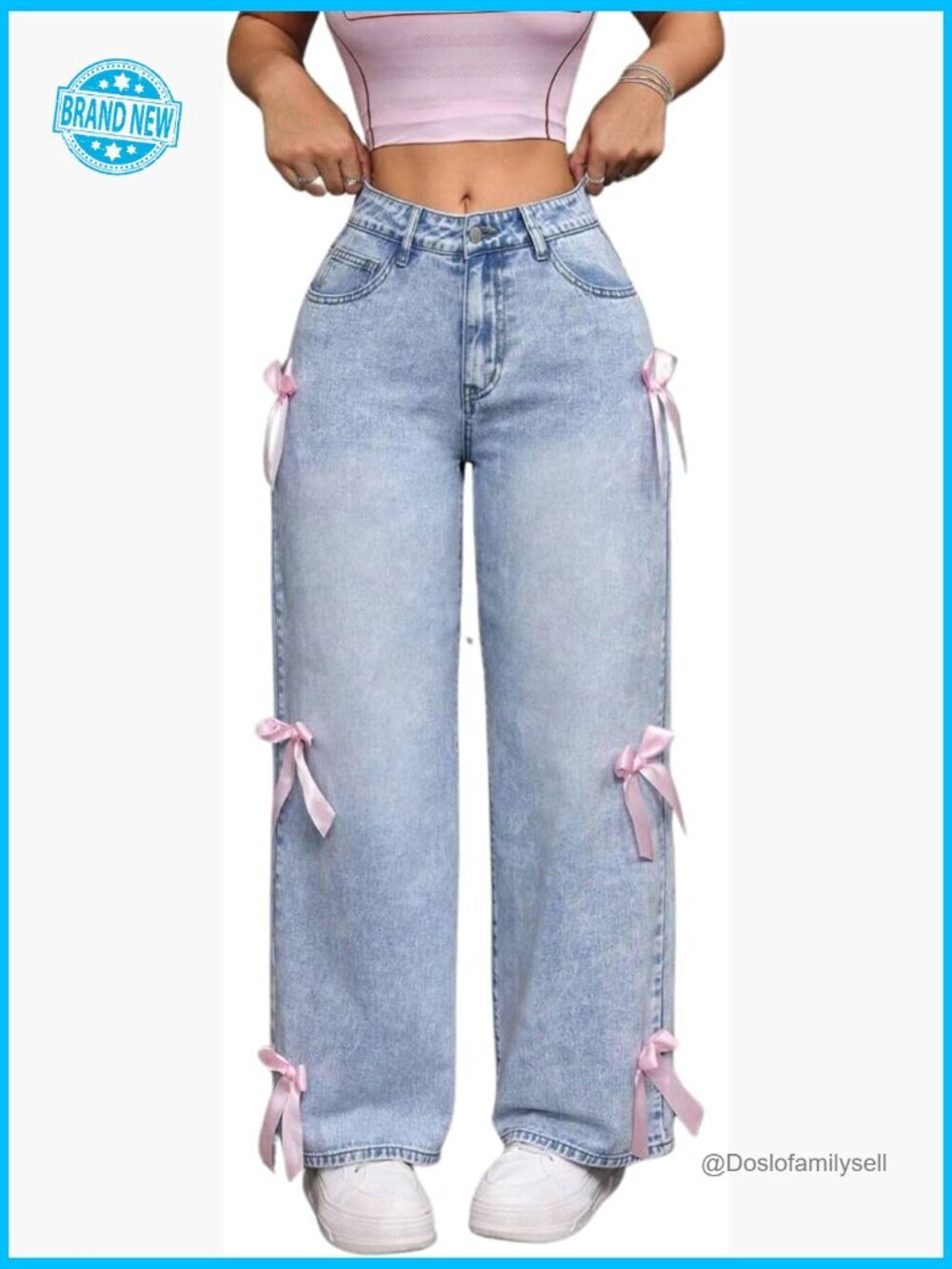 High Waisted Straight Leg Baggy Jeans with Bow Detail Preppy Casual Pants